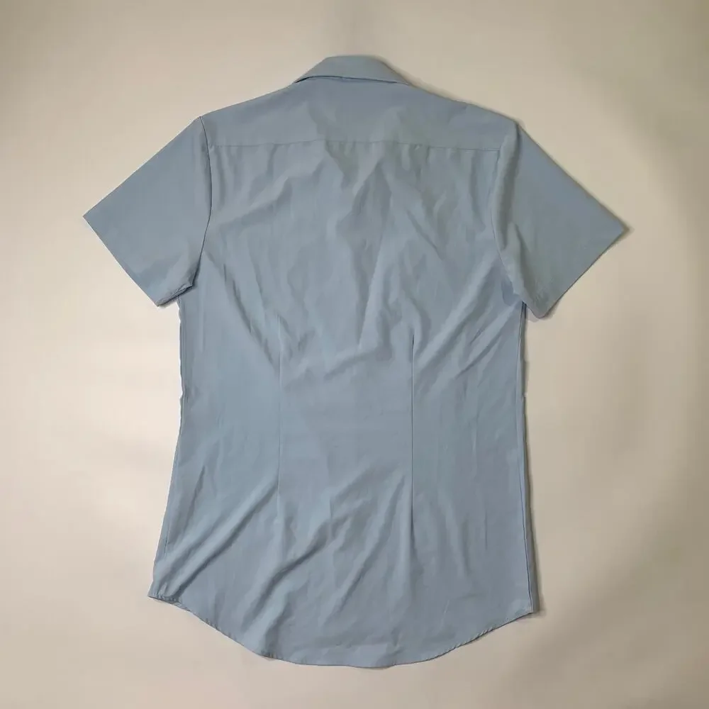 &Collar Shirt Mens L Large Spa Blue Slim Performance Dress Stretch Short Sleeve